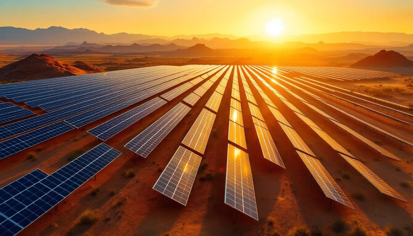 A photograph of a sprawling solar farm in the desert landscape of phoenix