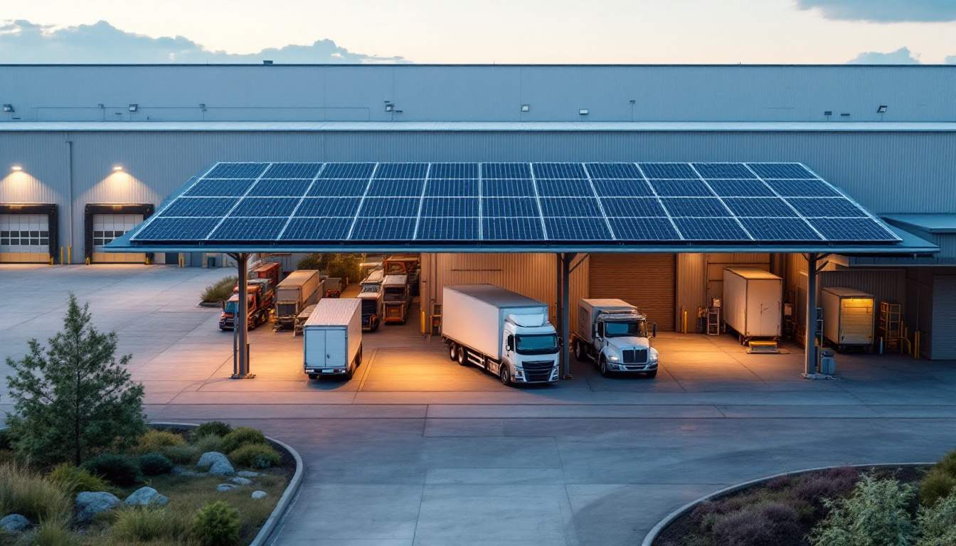 A photograph of a solar carport installation at a manufacturing plant