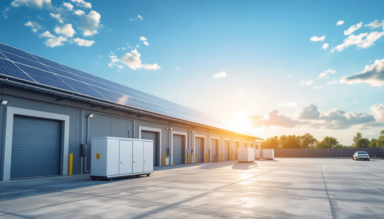 A photograph of a modern warehouse facility with solar panels on the roof