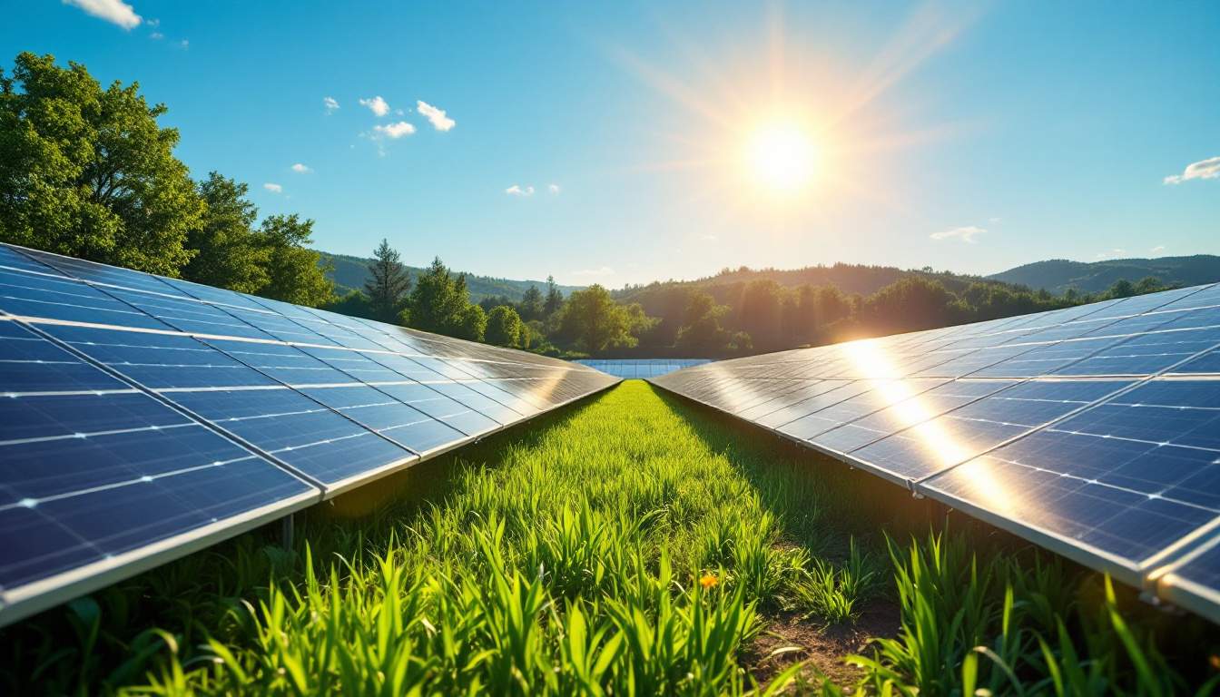 A photograph of a vibrant solar farm with rows of solar panels glistening under the sun