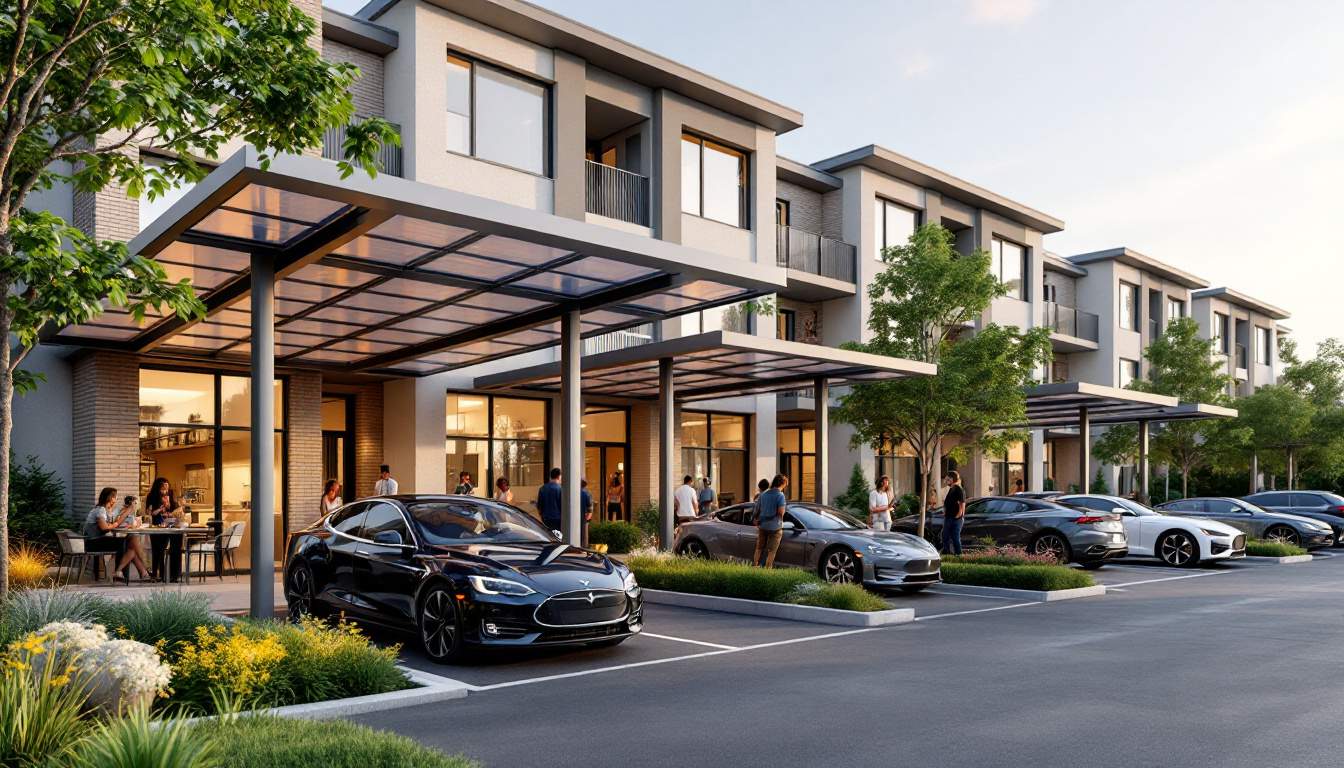 A photograph of a modern multi-family investment property featuring sleek solar carports