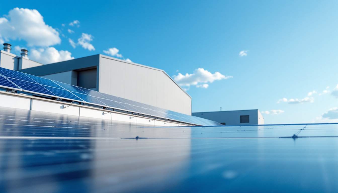 A photograph of a manufacturing plant with solar panels prominently installed on the roof