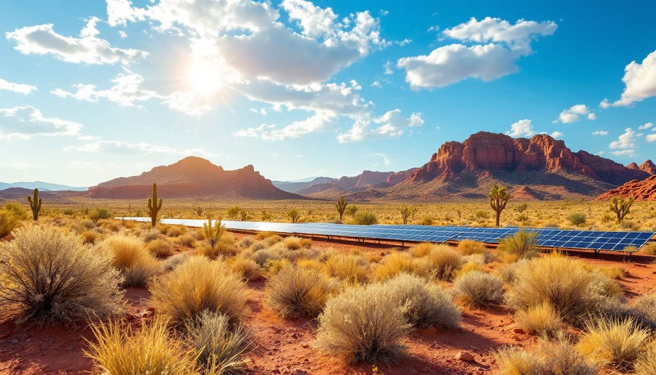 A photograph of a vibrant arizona landscape featuring a solar panel installation against a backdrop of the state's iconic desert scenery