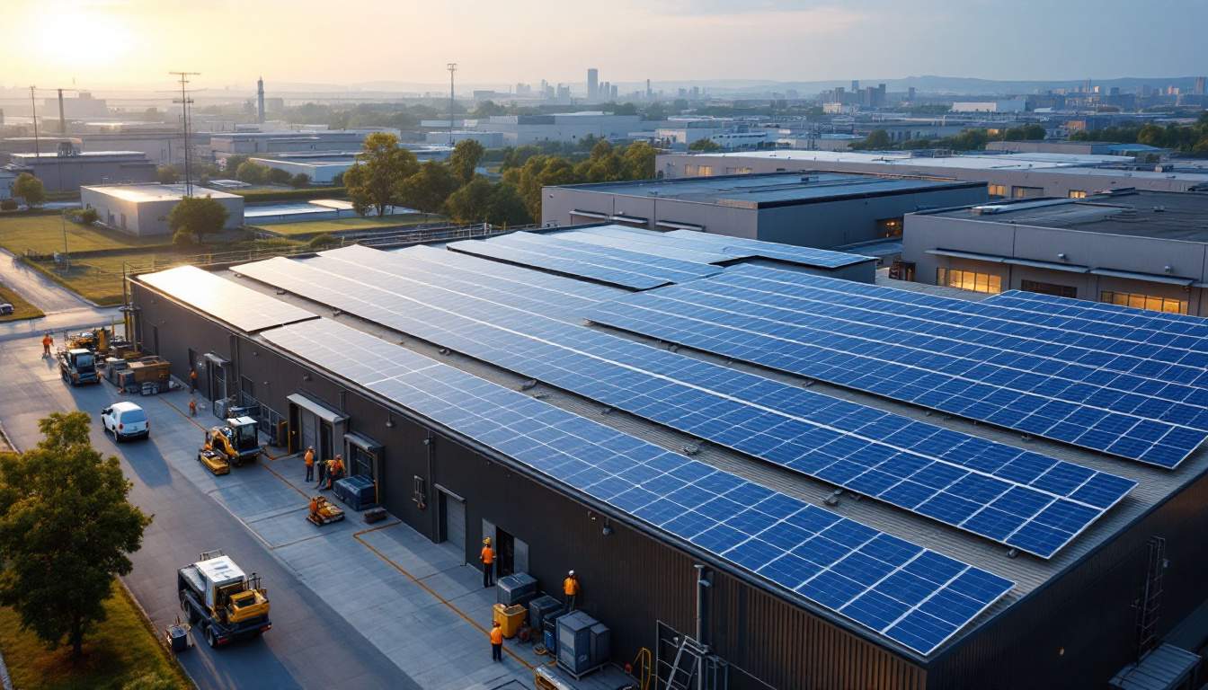 A photograph of a manufacturing plant with solar panels prominently displayed on the roof or nearby