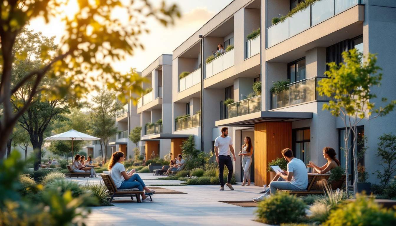 A photograph of a modern multi-family housing complex featuring sleek solar carports