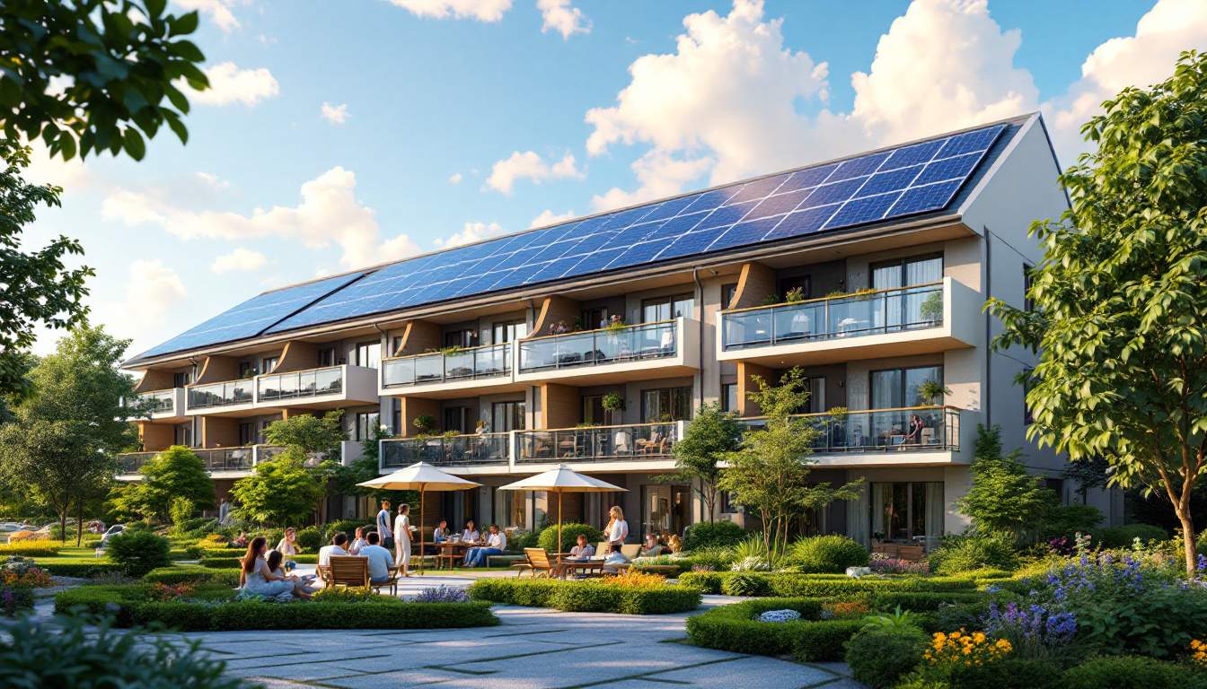 A photograph of a multi-family housing complex with solar panels installed on the roof