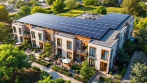 A photograph of a multi-family housing complex with solar panels installed on the roof