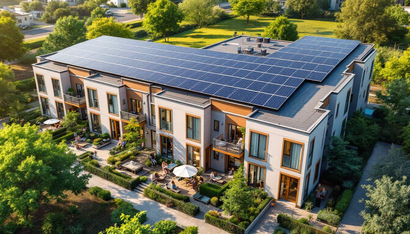 A photograph of a multi-family housing complex with solar panels installed on the roof