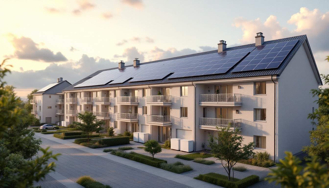 A photograph of a multi-family residential building with solar panels on the roof and visible battery storage units nearby