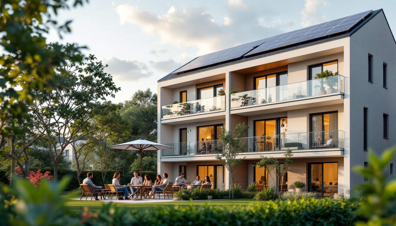 A photograph of a modern multi-family apartment building with solar panels on the roof