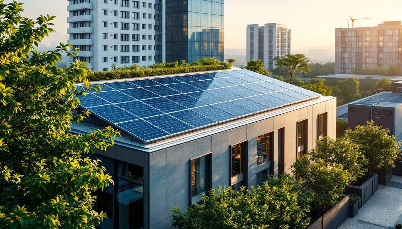 A photograph of a modern office building with solar panels on the roof