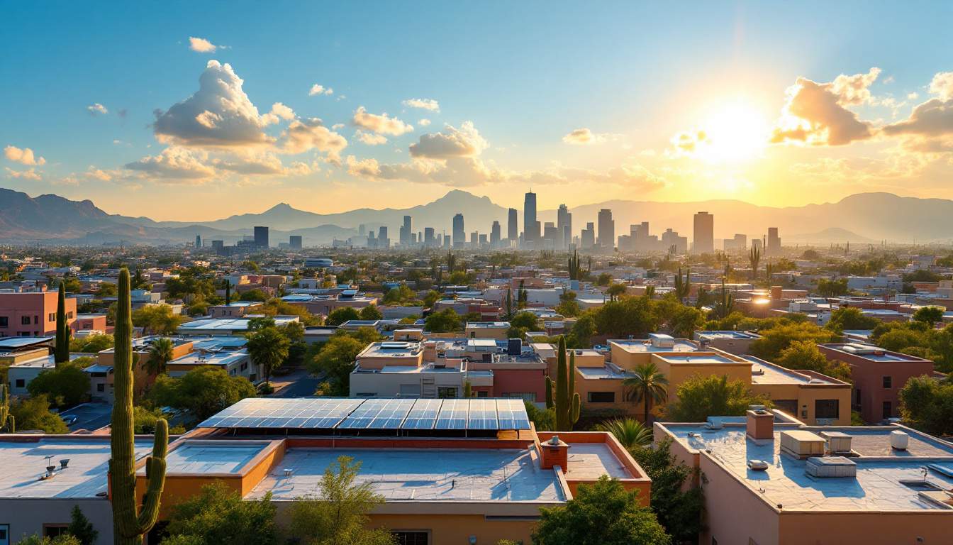 A photograph of a vibrant phoenix skyline bathed in sunlight