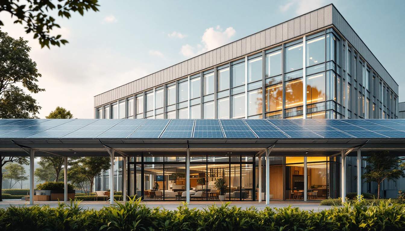 A photograph of a modern office building with solar carports prominently featured in the foreground