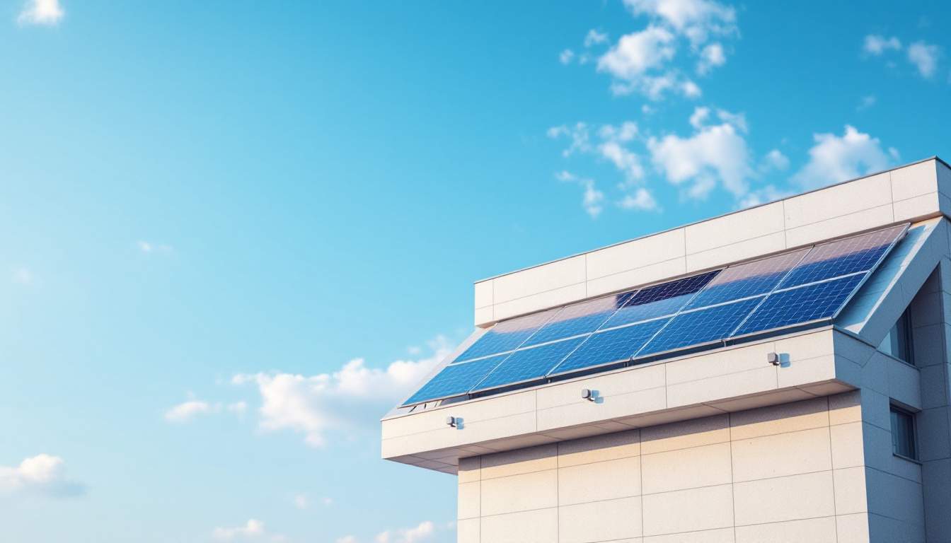 A photograph of a modern office building with sleek solar panels installed on its roof