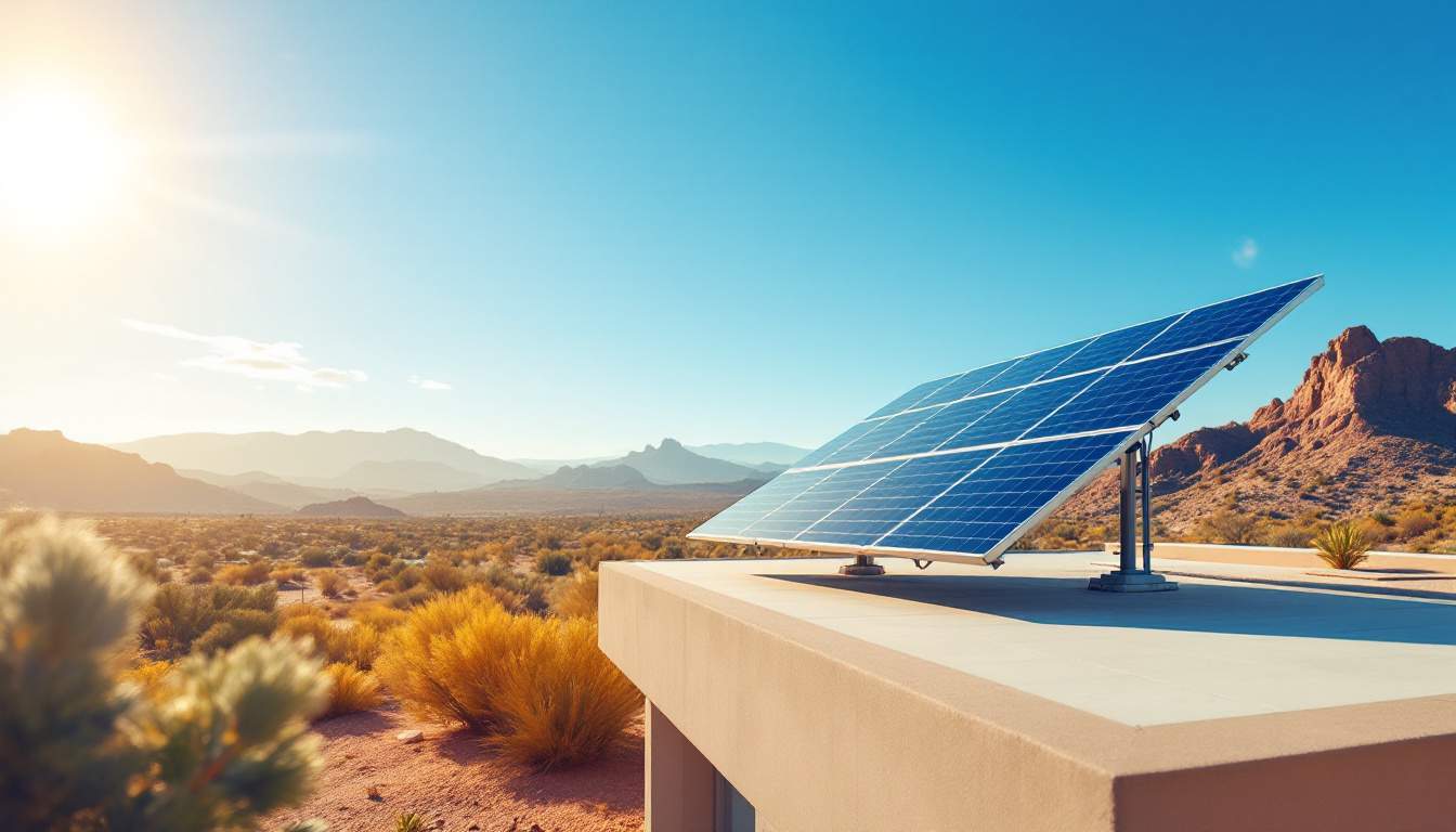 A photograph of a vibrant arizona landscape featuring a modern solar panel installation on a sunlit rooftop