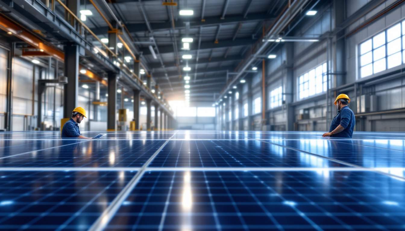 A photograph of a modern manufacturing plant with solar panels on the roof