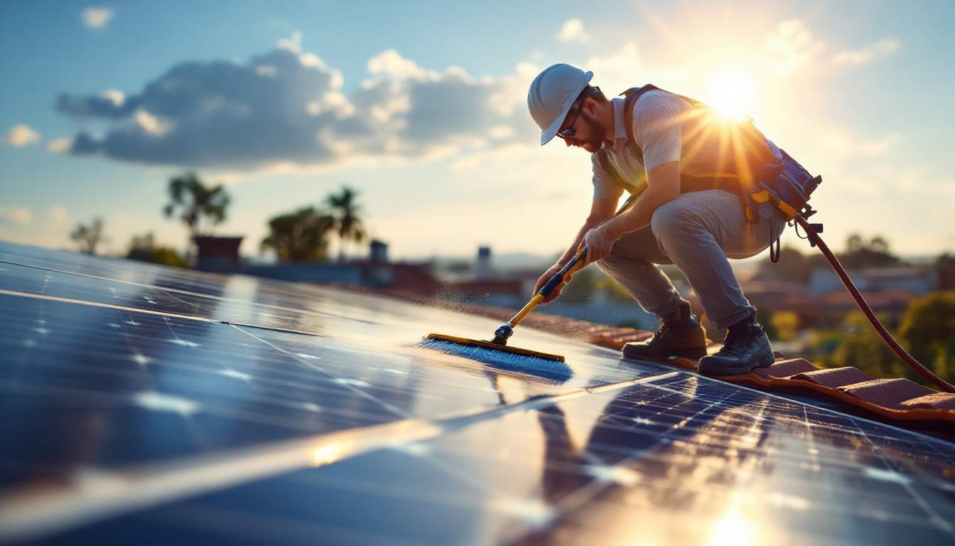 A photograph of a person safely cleaning solar panels on a rooftop