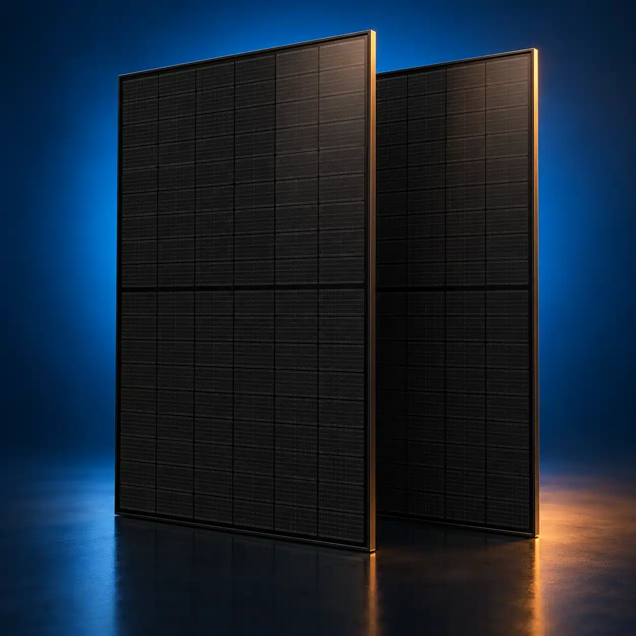 Two all-black hd hyundai nf(bk) solar panels standing upright
